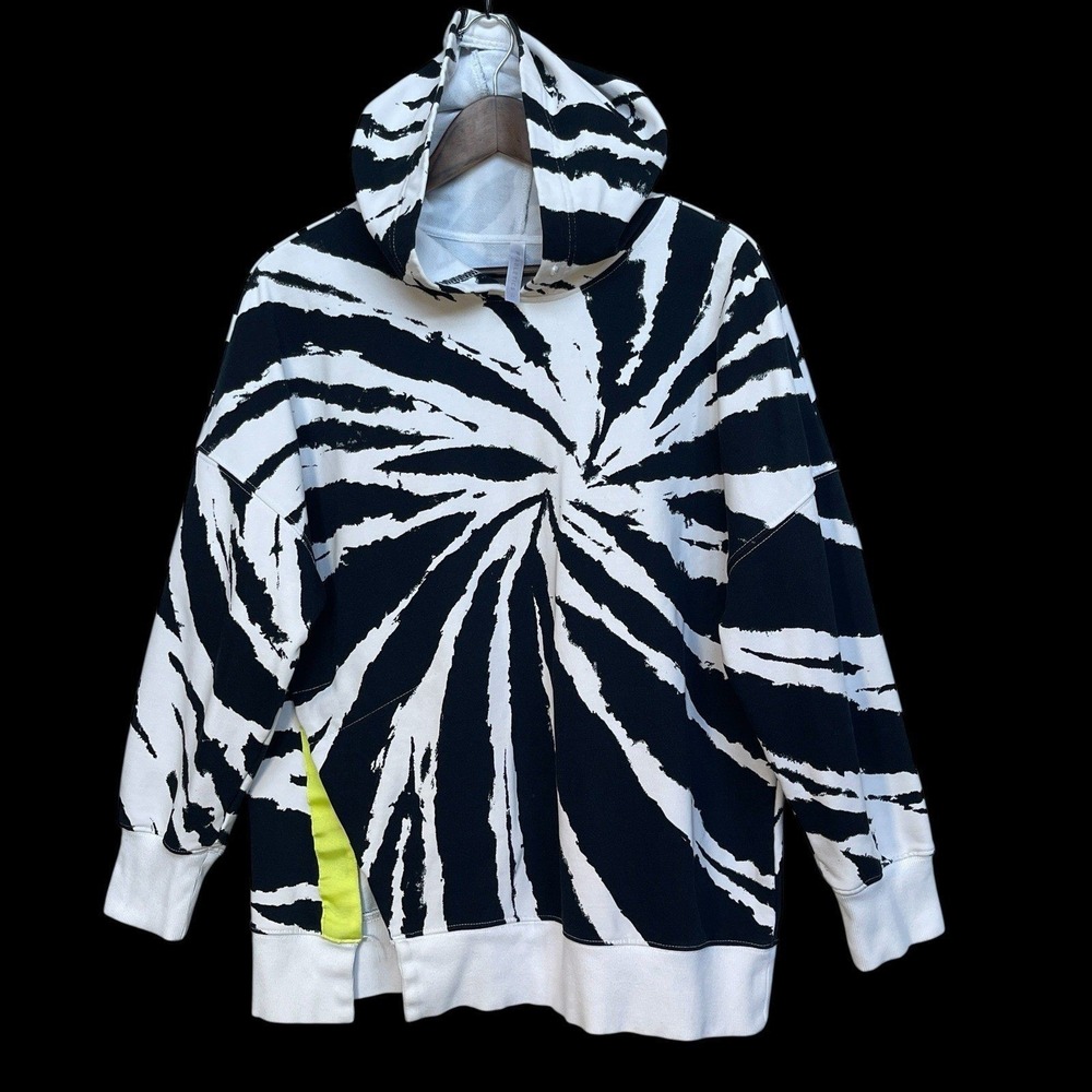Fabletics Hoodie Womens Medium Black White Tie Dye Neon Trim Oversized Excellent